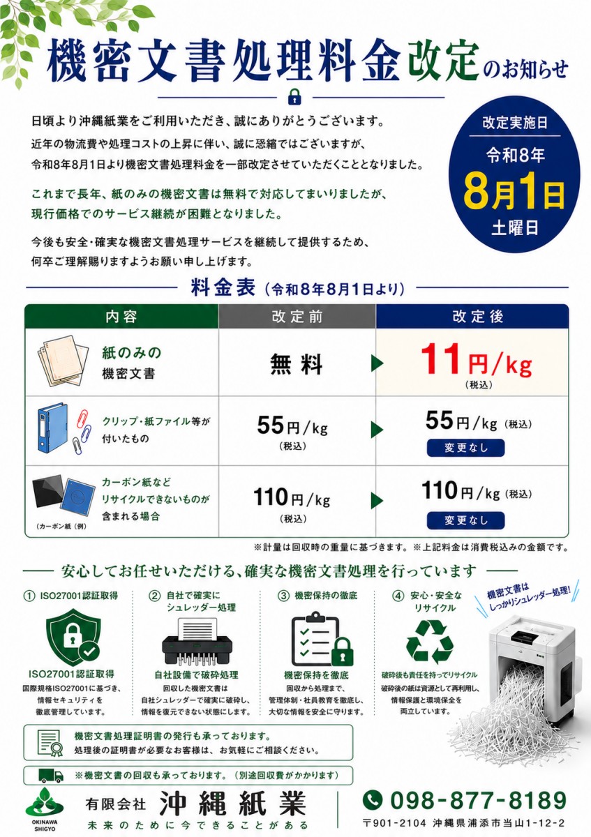 機密文書処理料金改定のお知らせサムネイル画像